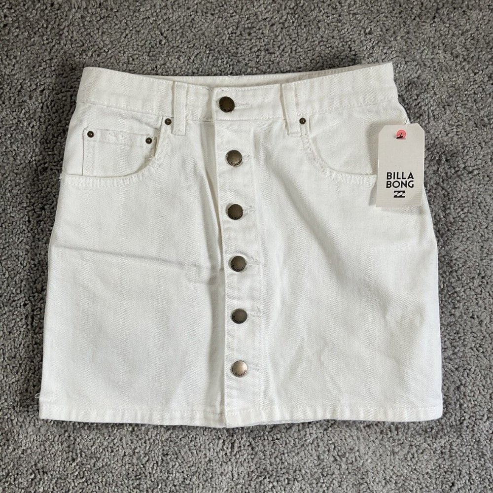 Billabong Womens Jean Skirt Size 26 Mini Pencil Pockets Logo Button Denim White